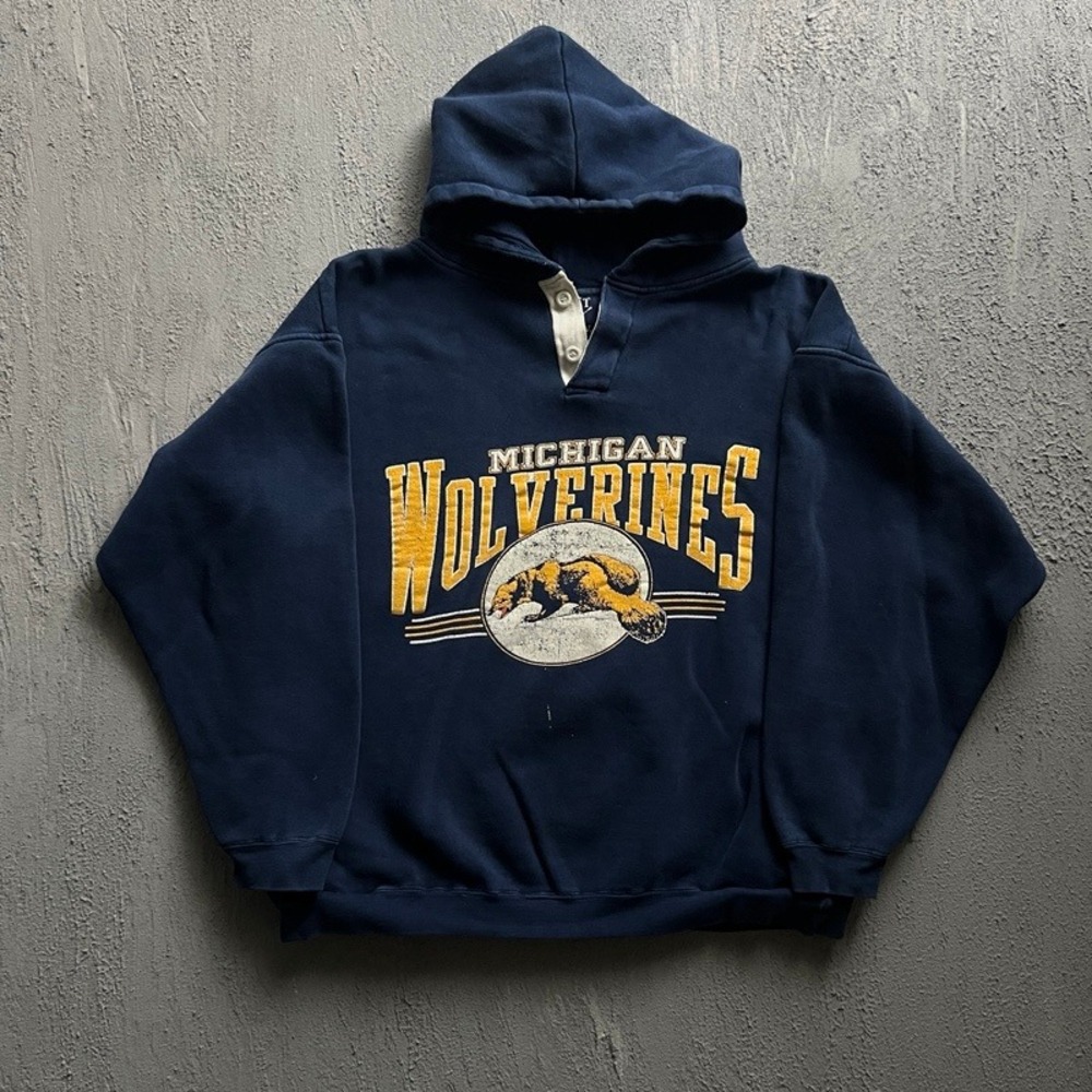 Vintage  Michigan Wolverines Hoodie XL Blue 1990s Henley Pullover